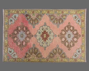 Sunset Bloom of Oushak, Vintage Turkish Rug, 3 x 4 ft Rug, Vintage Rug