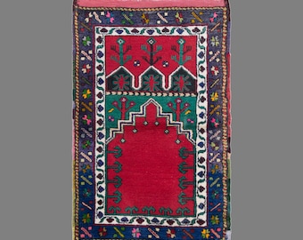 Vintage Turkish Prayer Rug, 2.3 x 3.6 ft, 70 x 110 cm, Handwoven Wool Mihrab Rug