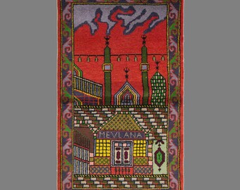 Vintage Turkish Prayer Rug, 2.6 x 4.4 ft, 80 x 135 cm, Handwoven Wool Pictorial Mihrab Rug