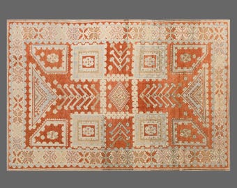 Antique Turkish Oushak Rug – 60+ YO Handwoven Wool, Faded Muted Colors, Timeless Bohemian & Caucasian Motifs, Large 195x285 cm / 6.4x9.3 ft