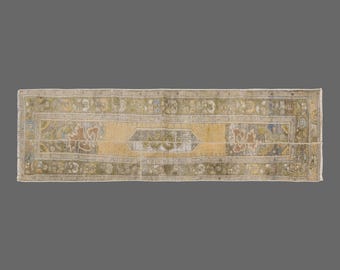 Antique Oushak Runner Rug: Handwoven Wool, Turkish Muted Colors, 1'11" x 6'6"