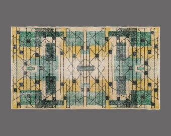 Sun Geometry of Oushak, Vintage Turkish Rug, 4 x 7 ft Rug, Vintage Rug
