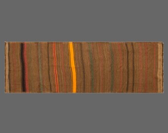 1960s Vintage Turkish Kilim Runner Rug – Handwoven Flatweave, 100x300 cm / 3.3x9.8 ft, Neutral Minimalist Stripes, 60+ YO Boho Home Accent