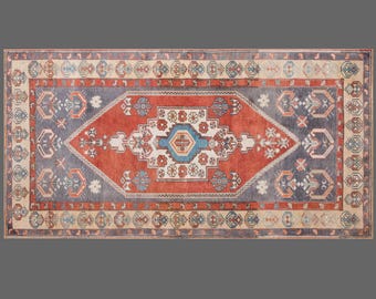 Handmade Vintage Turkish Oushak Rug 104x215 cm | Wool Area Rug 3.4x7 ft | Boho Antique Oriental Decorative Rug, Washed & Ready