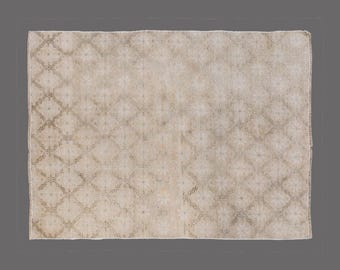Vintage Turkish Oushak Rug: Hand-Knotted Wool, Faded Floral Diamond Pattern, 3.7 x 5.1 ft