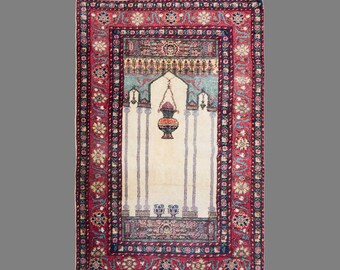 Vintage Turkish Prayer Rug, 3 x 4.5 ft, 90 x 136 cm, Handwoven Wool Mihrab Rug