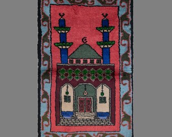 Vintage Turkish Prayer Rug, 2.3 x 3.1 ft, 70 x 95 cm, Handwoven Wool Pictorial Mihrab Rug