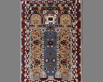 Vintage Turkish Prayer Rug, 2.8 x 4.1 ft, 85 x 125 cm, Handwoven Wool Mihrab Rug