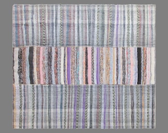Vintage Turkish Minimal Kilim Rug, 8 x 8.5 ft Handmade Wool Flatweave Rug, Striped Area Rug