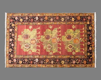 Vintage Caucasian Azerbaijan Rug, 4.4 x 8 ft Handmade Wool Rug, Traditional Geometric Area Rug