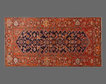 Vintage Handwoven Wool Rug, Coral Navy Medallion, Geometric Floral Area Rug