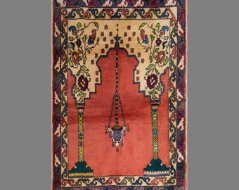 Vintage Turkish Prayer Rug, 4 x 5.1 ft, 122 x 156 cm, Handwoven Anatolian Wool Rug