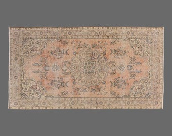 Vintage Turkish Oushak Rug: Apricot Medallion, Floral Accents, 4x7 ft