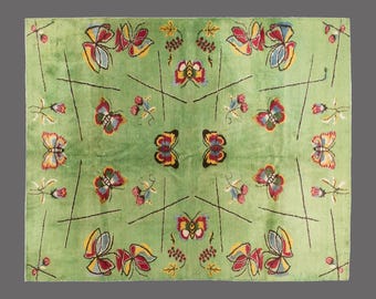 Art Deco Butterfly Oushak Rug: Hand Woven Wool, 6'9 x 9.6 ft