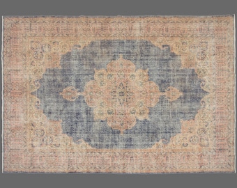 Vintage Oushak Turkish Rug 8x11: Midnight Blossom Wool Medallion