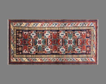 Vintage Konya Rug, 3.1 x 6.6 ft Handmade Wool Rug, Caucasian Shirvan Design Turkish Geometric Rug