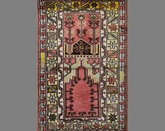 Vintage Turkish Prayer Rug, 2.5x4 feet, 75x121 cm, Handmade Anatolian Wool Rug