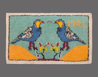 Lovebirds of Oushak, Vintage Turkish Rug, 1 x 3 ft Rug, Vintage Rug