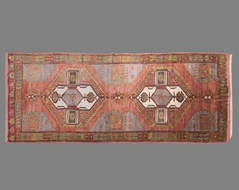 Vintage Turkish Rug, 4.6 x 9.2 ft Rug, Handmade Wool Anatolian Rug, Double Medallion Geometric Rug