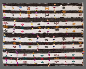 Vintage Kilim Rug 1960s – Handwoven Cotton, Minimalist Horizontal Stripes, Neutral Tones, Small Living Room or Bedroom Rug, 150x195 cm