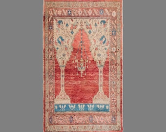 Vintage Turkish Prayer Rug, 3.6x5.4 ft, 110x166 cm, Handmade Anatolian Wool Rug