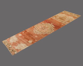 Sunset Embrace of Oushak Runner Rug, Vintage Turkish Rug, 3 x 12 ft Rug, Vintage Runner Rug