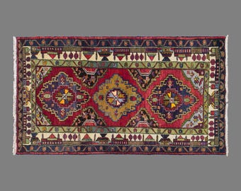 Vintage Konya Rug, 3.3 x 6.2 ft Handmade Wool Rug, Turkish Anatolian Geometric Medallion Area Rug