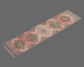 Distressed Oushak Runner Rug: 2'6 x 13, Faded Colors, Turkish Hallway Rug