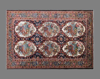 Vintage Turkish Rug, 6.9 x 10 ft Handmade Wool Rug, Floral Cartouche Medallion Large Area Rug
