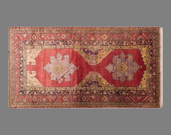 Vintage Konya Rug, 4.9 x 9.8 ft Rug, Handmade Wool Turkish Rug, Double Medallion Anatolian Rug