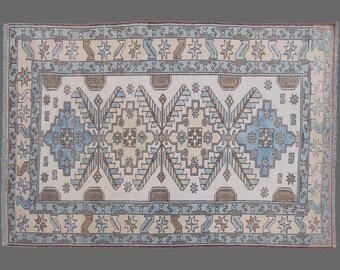 Vintage Turkish Star Rug: Celestial Geometric Wool 5x7
