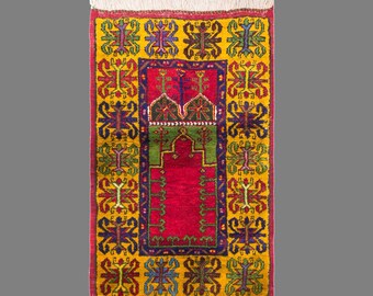 Vintage Turkish Prayer Rug, 2.6x3.9 ft, 80x120 cm, Handmade Anatolian Wool Rug