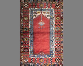 Vintage Konya Prayer Rug, 3.7 x 6.6 ft Handmade Wool Rug, Traditional Turkish Anatolian Rug