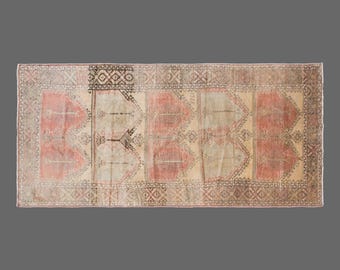 Vintage Turkish Runner Rug – 4'11" x 13' – Antique Oushak Runner – Handwoven Wool Hallway Rug – Muted Boho Decor – Long Floor Runner