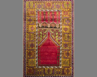 Vintage Konya Prayer Rug, 4.3 x 6.7 ft Handmade Wool Rug, Turkish Anatolian Prayer Rug