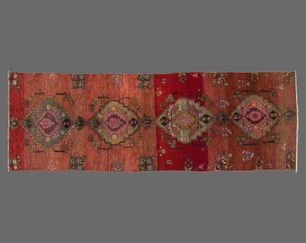 Crimson Blossom Path of Kars, Vintage Turkish Rug, 4 x 13 ft, Vintage Rug