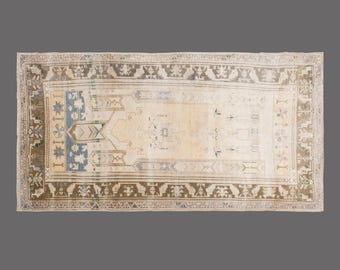 Vintage Turkish Rug: 4x8.5 ft, Anatolian Wool Prayer Rug