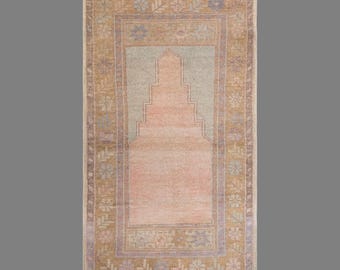 Vintage Turkish Prayer Rug, 2.5 x 4.4 ft, 75 x 135 cm, Handwoven Anatolian Wool Rug