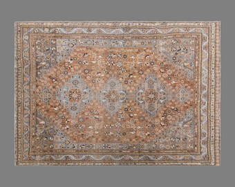 Vintage Turkish Rug, 7.4 x 9.8 ft Rug, Handmade Wool Area Rug, Muted Geometric Anatolian Rug