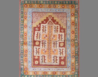 Antique Konya Turkish Prayer Rug, 2.8 x 3.8 ft, 85 x 115 cm, Handwoven Wool Mihrab Rug, 100 Years Old