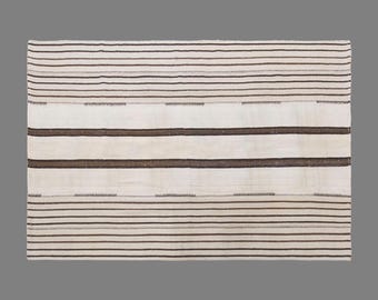 Vintage Turkish Minimal Kilim Rug, 5.4 x 7.1 ft Handmade Wool Flatweave Rug, Neutral Striped Area Rug