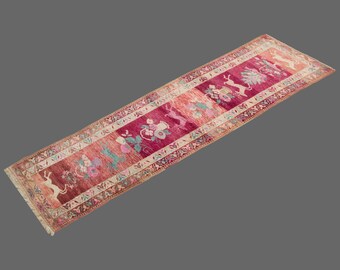 Hallway Runner "Rug 2.11" x 11.4" Vintage Ushak Runner Rug, Size: 90 x 345 cm,Pale Muted colors rug,Distressed Rug,Area Rug,Kitchen Rug