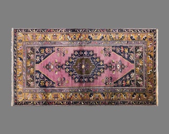 Vintage Yahyali Rug, 3.9 x 7.9 ft Handmade Wool Rug, Turkish Anatolian Geometric Medallion Area Rug