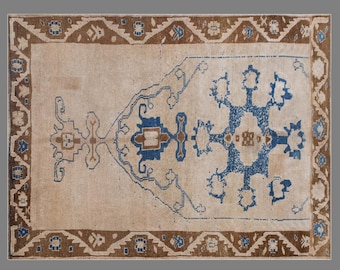 Vintage Oushak Rug 195x260 cm (6'5" x 8'6"), Turkish Handmade Wool, 60+ Years Old Antique Bohemian Rug