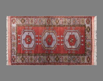 Vintage Konya Rug, 3.3 x 5.6 ft Handmade Wool Rug, Turkish Anatolian Triple Medallion Area Rug