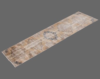 Antique Oushak Runner Rug 2'7"x13'1" – Vintage Turkish Wool Runner – Handwoven Flatweave Hallway Rug – Muted Earthy Tones – Anatolian Carpet