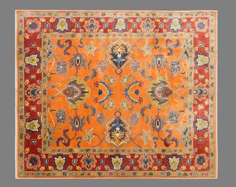 Handmade Wool Oushak Rug, 10 Year Old Orange Floral Carpet, 10.2 x 12.1 ft