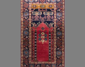 Vintage Konya Prayer Rug, 3.9 x 6.6 ft Handmade Wool Rug, Traditional Turkish Anatolian Rug