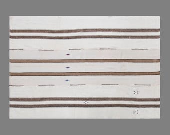 Vintage Turkish Minimal Kilim Rug, 6.6 x 7.5 ft Handmade Wool Flatweave Rug, Neutral Striped Area Rug