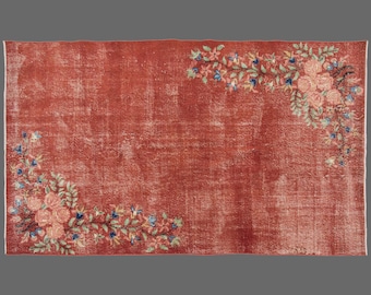 Blush Oushak Rug: Vintage Turkish Floral Rug, 6x9 ft